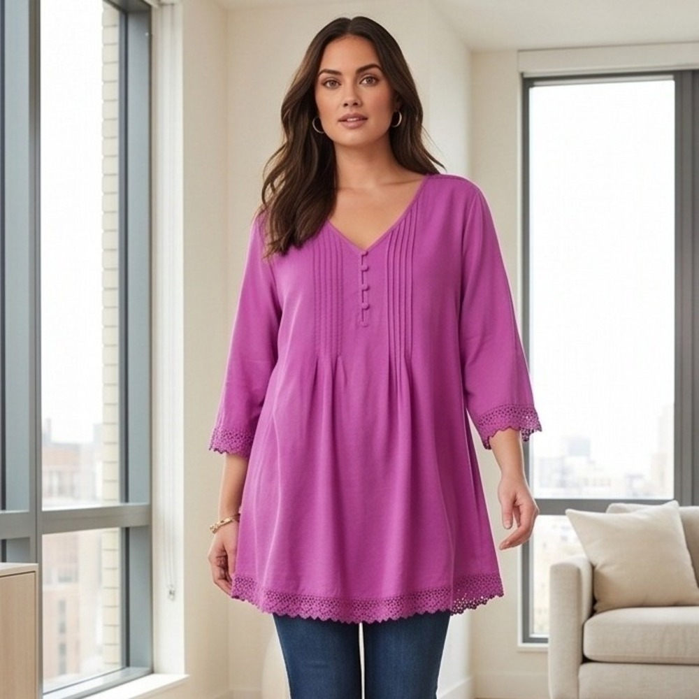 Avenue 22/24 Orchid Purple Pink Pintuck Lace Trim Tunic Blouse Top Plus Size NWT